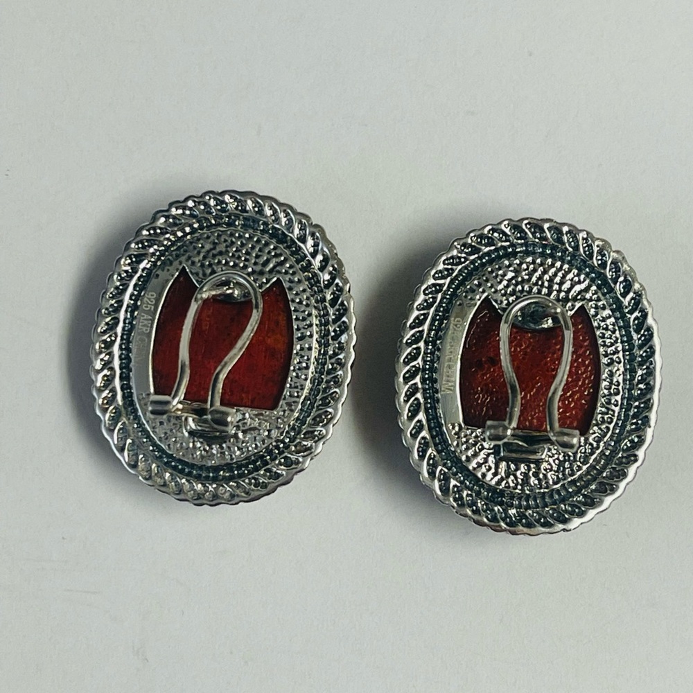 AKR Sterling Silver Carved Red Coral Earrings - Picture 5 of 8